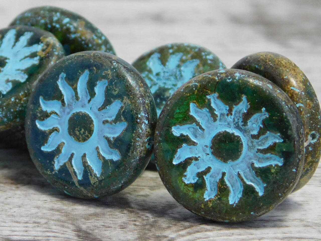 21mm Turquoise Washed Green Aqua Picasso Sun Design Coin Beads